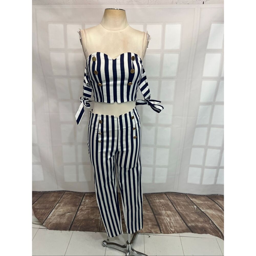 Akira Navy Blue White Striped Crop Top and Ankle Pants Outfit Set 2 Piece Medium